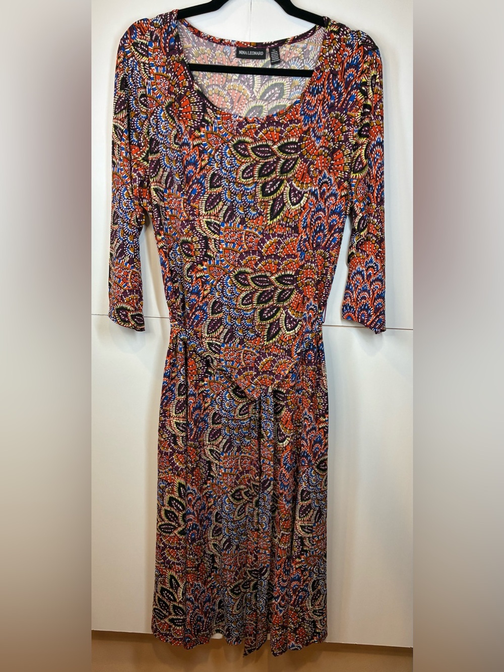 Nina Leonard Paisley Boho Midi Dress Womenโs 3/4 Sleeve Belted Stretch Size XL